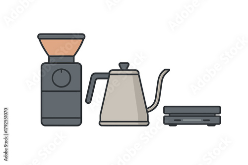 Pour over coffee setup with electric grinder, precision scale, and long spout kettle