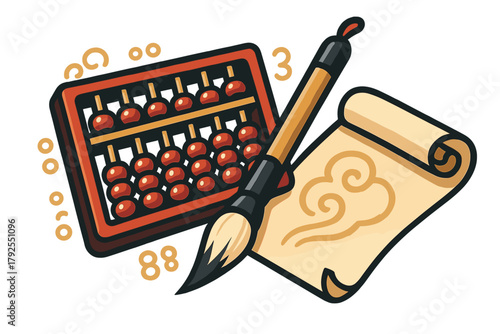 Classic Chinese abacus, calligraphy brush, and traditional scroll paper composition
