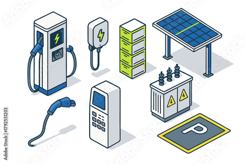 Isometric set of electric vehicle charging station components, solar panel, and power distribution elements
