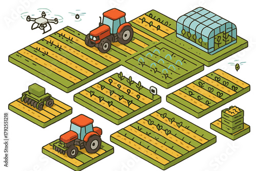 Smart farming technology featuring tractors, drone monitoring, automated irrigation, planting fields, and a greenhouse structure