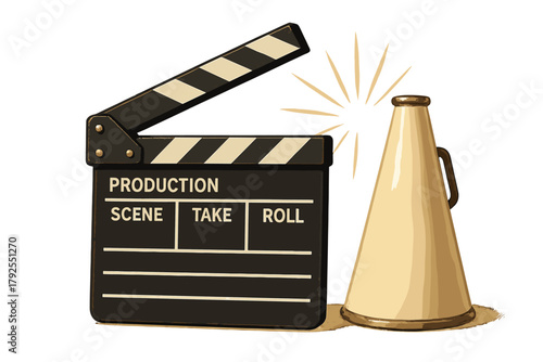 Classic black and white film clapperboard next to a vintage megaphone