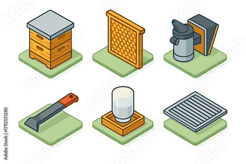 Beekeeping equipment set with beehive, honeycomb frame, smoker, and tools