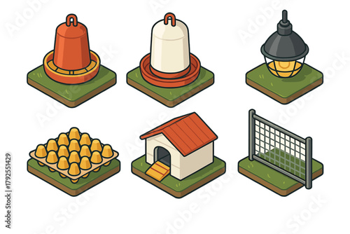 Isometric view of essential poultry farming equipment: chicken house, waterer, feeder, fence, and fresh eggs