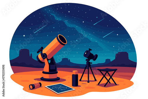 Large telescope setup observing the Milky Way in a desert landscape at night