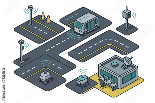 Isometric smart city road network with autonomous bus, delivery robots and sensor technology
