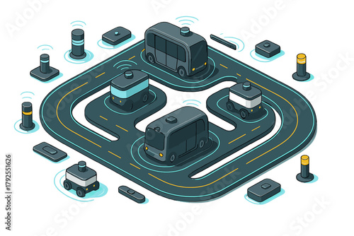Smart city transportation system featuring autonomous vehicles navigating a complex road network
