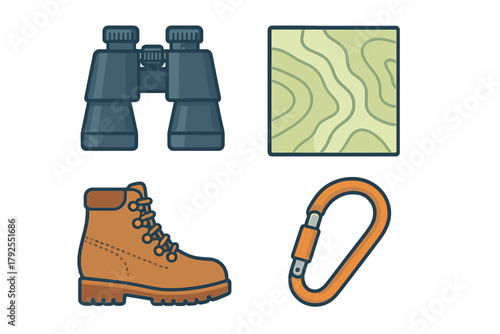 Outdoor adventure gear set with binoculars, topographic map, hiking boot, and carabiner