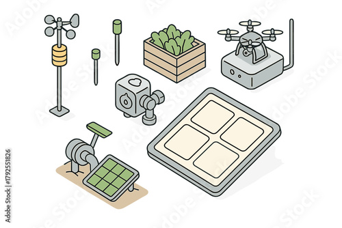 Smart agriculture technology devices including drone, weather station, solar panel, and sensors in isometric view