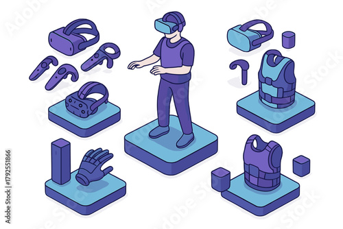 Isometric display of virtual reality gaming equipment including headset, controllers, and haptic vest