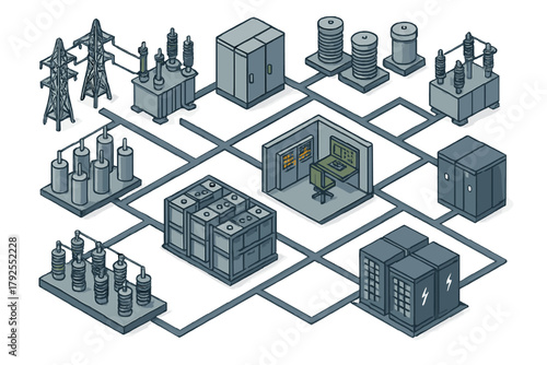Modern electrical power grid substation infrastructure with energy storage and control room