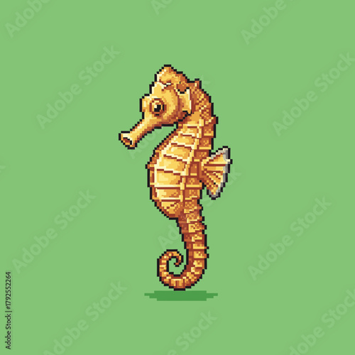A charming pixel art illustration of a golden-orange seahorse with intricate details, set against a solid green background.