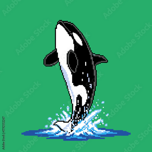 Pixel art illustration of a majestic black and white orca jumping out of vibrant blue water splashes against a solid green background.