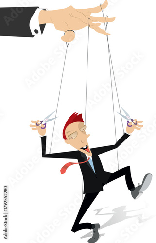 Happy to be free. Happy man cuts the strings that control him. Concept illustration 