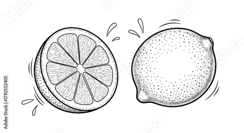 Monochrome artistic depiction of sliced and whole lemons on white surface