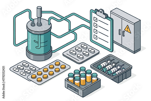 Pharmaceutical manufacturing featuring bioreactor, blister packs, vials, and quality control