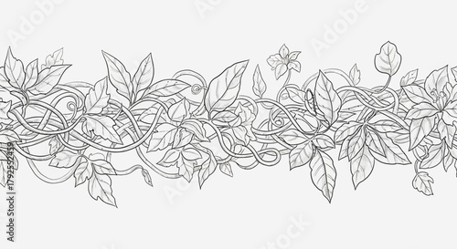 Monochrome botanical pattern with leaves and intertwining swirls design