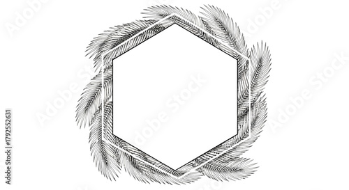Monochrome hexagon frame adorned with intricately sketched palm fronds