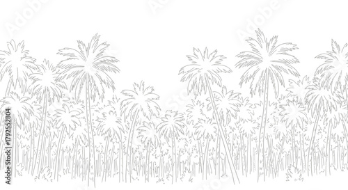 Monochrome palm grove illustration with various heights of coconut trees