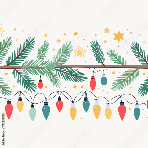Festive Christmas Lights and Evergreen Branch Illustration.