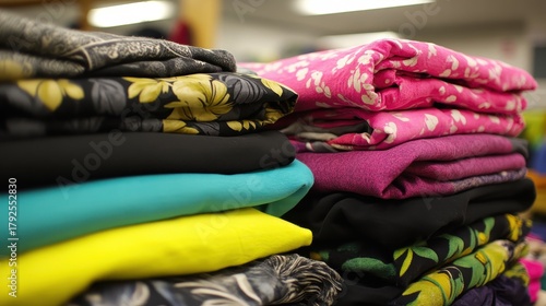 Stacks of colorful donated clothing and textiles neatly folded and sorted into piles for reuse and charity