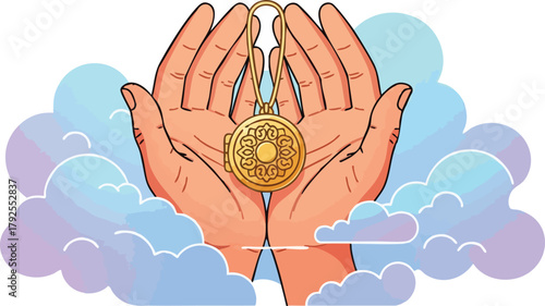 Illustration of hands holding a golden pendant with a coin design against a serene background of blue and purple clouds, symbolizing a memorial tribute.