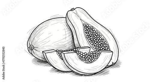 Monochrome Papaya Illustration Emphasizing Textural Detail and Form Variety