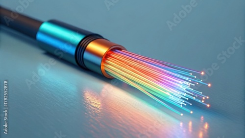 Glowing Fiber Optic Cable with Multicolored Strands in Detail