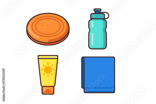 Collection of summer outdoor activity essentials including frisbee reusable water bottle sunscreen and folded towel