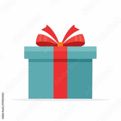 A Teal Gift Box with a Red Ribbon and Bow.