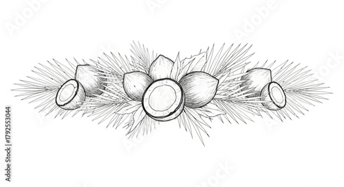 Monochrome tropical arrangement with coconuts and palm leaves decoration