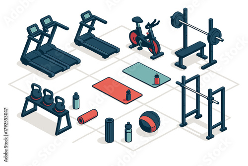 Isometric layout of essential gym equipment including cardio machines and free weights