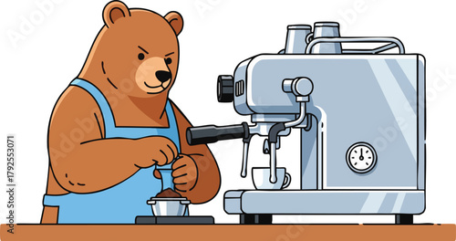 A brown bear in a blue apron operates an espresso machine with a metal cup on a wooden counter against a plain white background, with a stainless steel coffee maker.