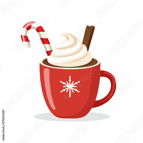 Red mug with hot chocolate whipped cream candy cane and cinnamon stick.