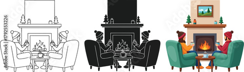 Illustration of people sitting by fireplace, enjoying warm atmosphere and cozy ambiance, available in outline, silhouette and color versions