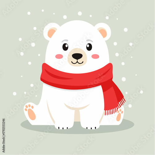 Cute cartoon polar bear cub wearing a warm red scarf.