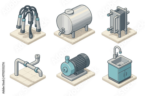 Isometric industrial equipment icons: milking machine, storage tank, heat exchanger, pump, sink
