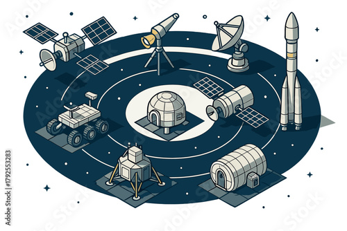 Isometric space exploration technology set with rocket, satellite, rover, and habitat modules