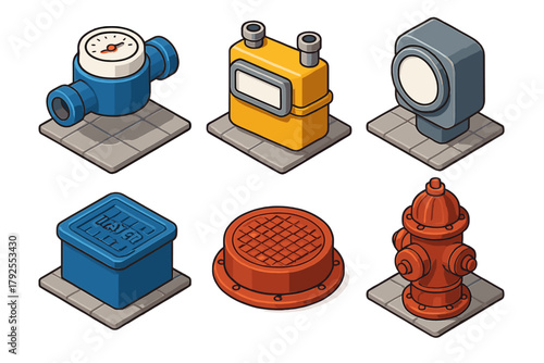 Isometric set of urban utility infrastructure: fire hydrant, water meter, gas meter, and manhole cover