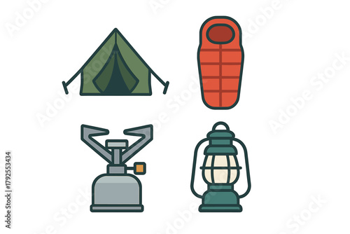 Essential outdoor camping equipment icons including tent sleeping bag stove and lantern
