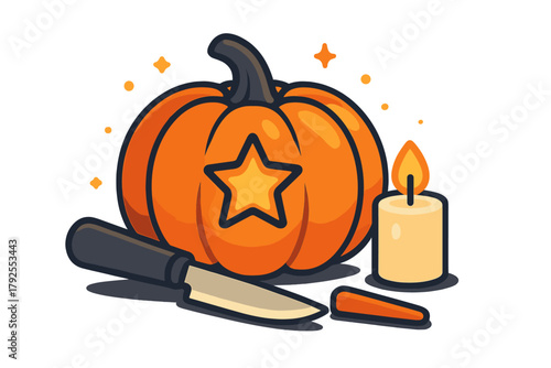 Halloween pumpkin carving scene with knife, star cutout, and glowing candle light on white background