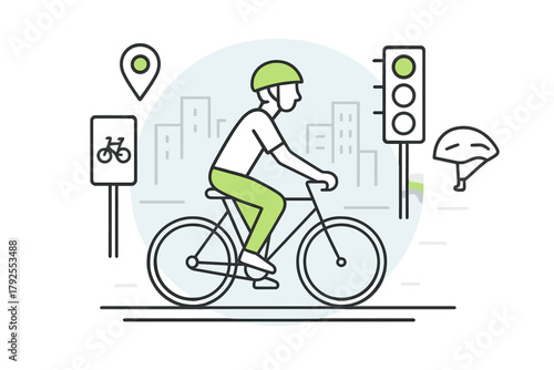 Cyclist wearing helmet riding bicycle near traffic light and bike lane sign