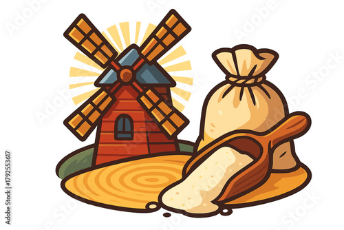Traditional wooden windmill with a large sack of flour and a scoop of milled grain