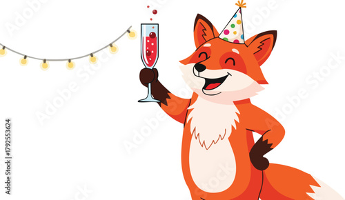 A cheerful cartoon fox wearing a party hat holds a champagne flute with red bubbles against a white background with string lights.