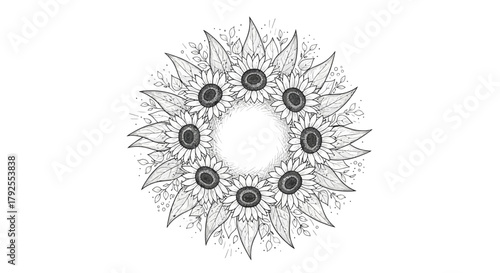 Sunflower botanical wreath, detailed ink drawing, illustration with copy space