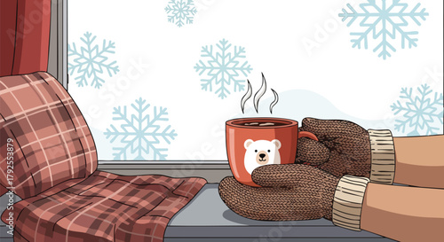 A person's hands wearing brown mittens holding a red Starbucks bearista cup with a white bear design on a windowsill with snowflakes outside and a plaid blanket in the background, conveying