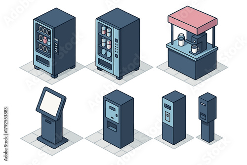 Isometric set of automated service machines: vending, coffee stand, kiosk, payment terminals