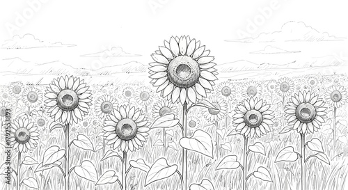 Sunflower field sketch, a serene view of nature, a simple floral backdrop