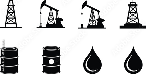 Black and white icons of oil industry equipment oil rig oil derrick