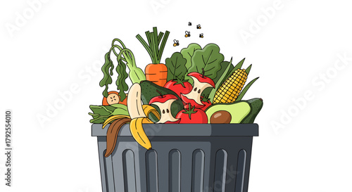 Food Waste Overflowing Trash Can A Comical Take on Discarded Produce