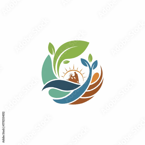 Abstract nature logo with sun, mountain, and leaves.